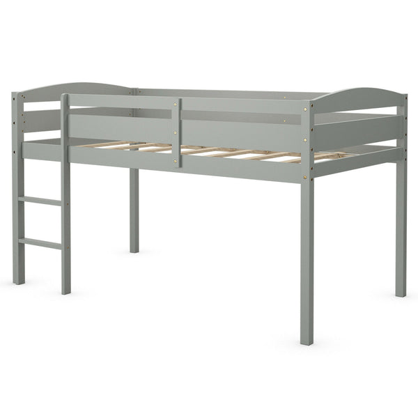 Wooden Twin Low Loft Bunk Bed with Guard Rail and Ladder