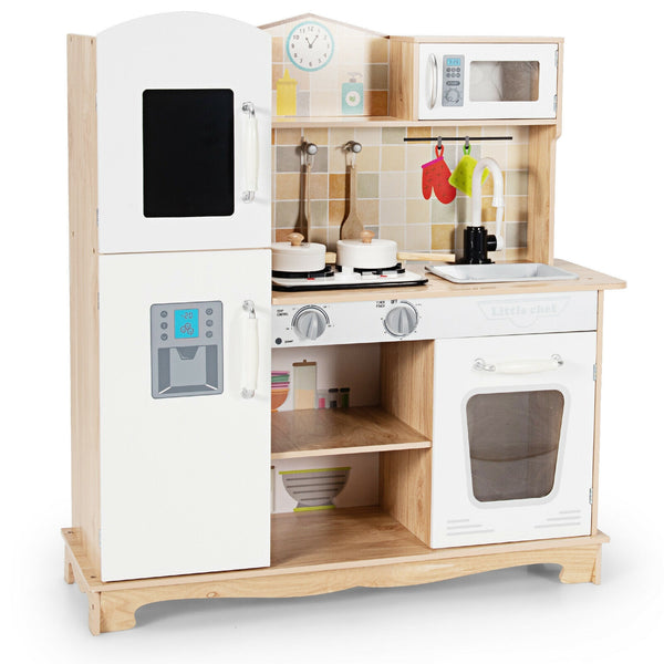 Wooden Kids Pretend Kitchen Playset with Cooking Utensils, Lights, and Sounds