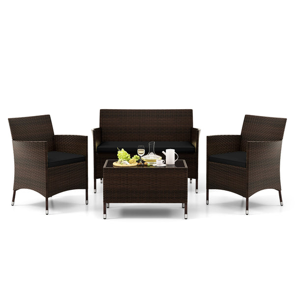 4 Pieces Rattan Sofa Set with Glass Table and Comfortable Wicker for Outdoor Patio