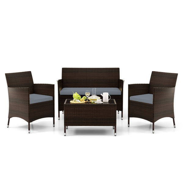 4 Pieces Comfortable Outdoor Rattan Sofa Set with Glass Table