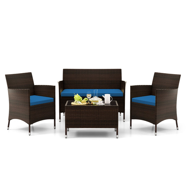 4 Pieces Comfortable Outdoor Rattan Sofa Set with Glass Table