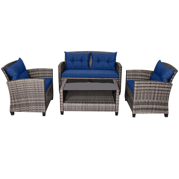 4 Pieces Patio Rattan Furniture Set with Coffee Table and Cushioned Sofa