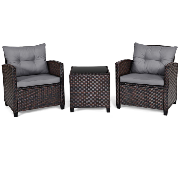 3 Pieces Rattan Patio Furniture Set with Washable Cushion