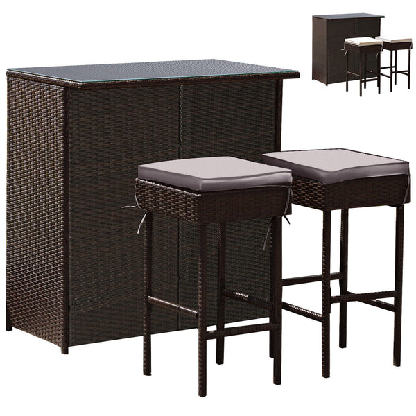3 Pieces Patio Rattan Wicker Bar Table Stools Dining SetOff