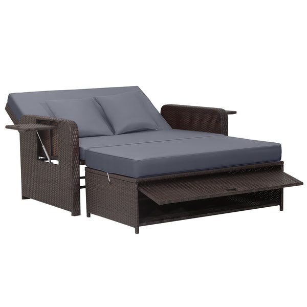 Patio Rattan Daybed with 4-Level Adjustable Backrest and Retractable Side Tray