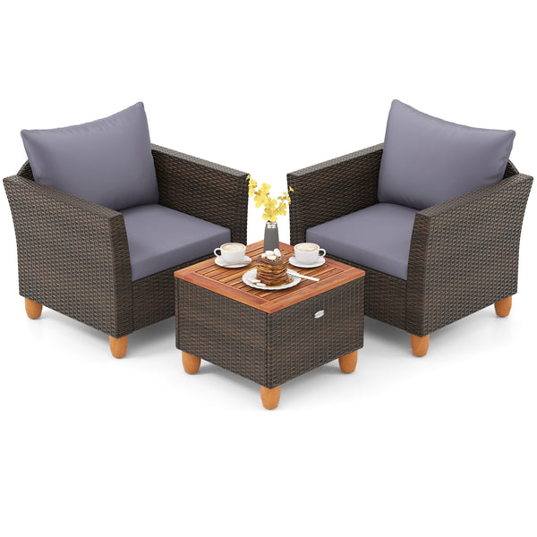 3 Pieces Patio Rattan Bistro Furniture Set with Wooden Table Top