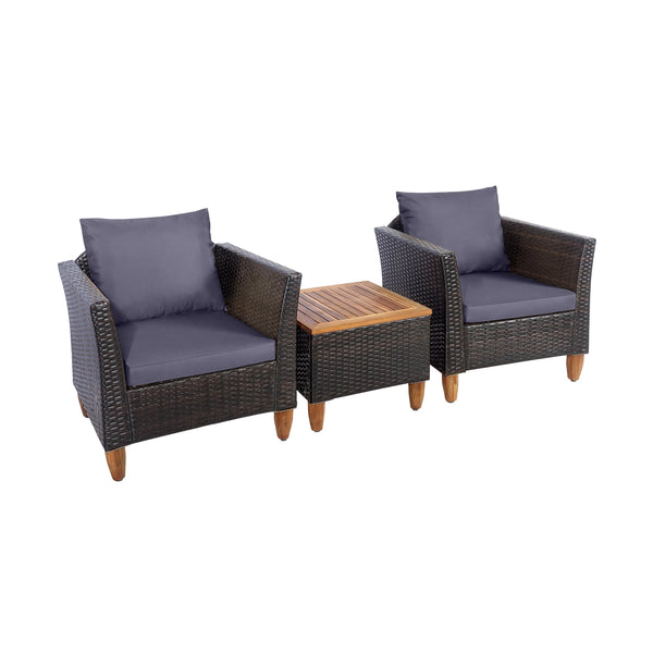3 Pieces Outdoor Patio Wicker Furniture Set with Cushions and Acacia Wood Table