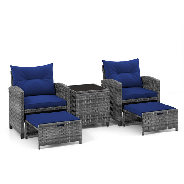 5 Piece Patio Rattan Furniture with 2 Ottomans and Tempered Glass Table