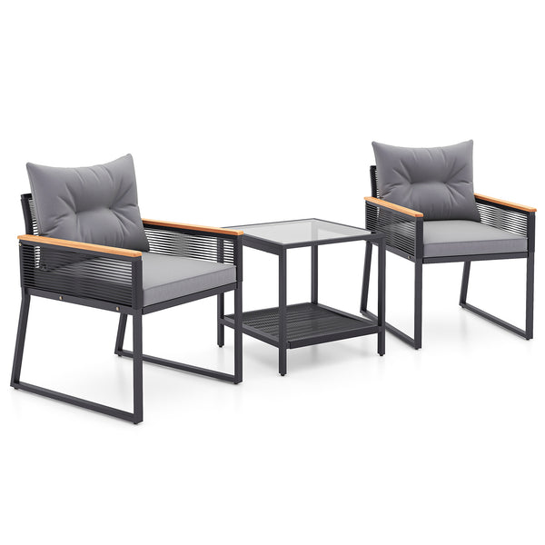 3 Pieces Patio Furniture Set with 2 Tier Table and Soft Seat Cushions