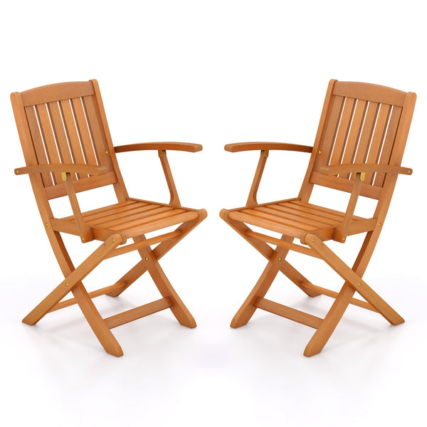 Patio Wood Folding Chair Set of 2 with Armrests and Slatted Seat