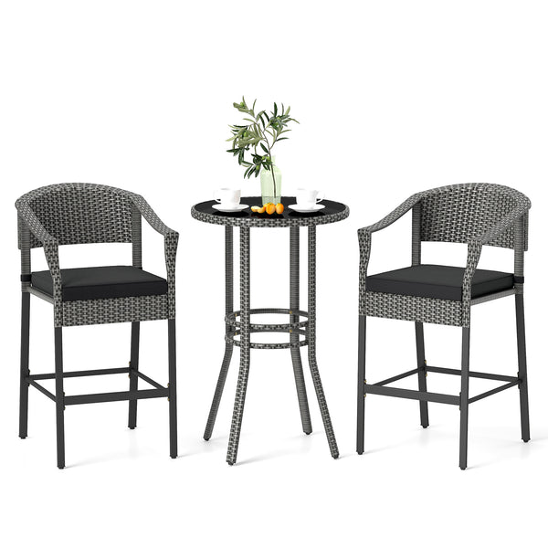 3-Piece Patio Rattan Bar Set with Tempered Glass Top for Backyard Poolside-Gray