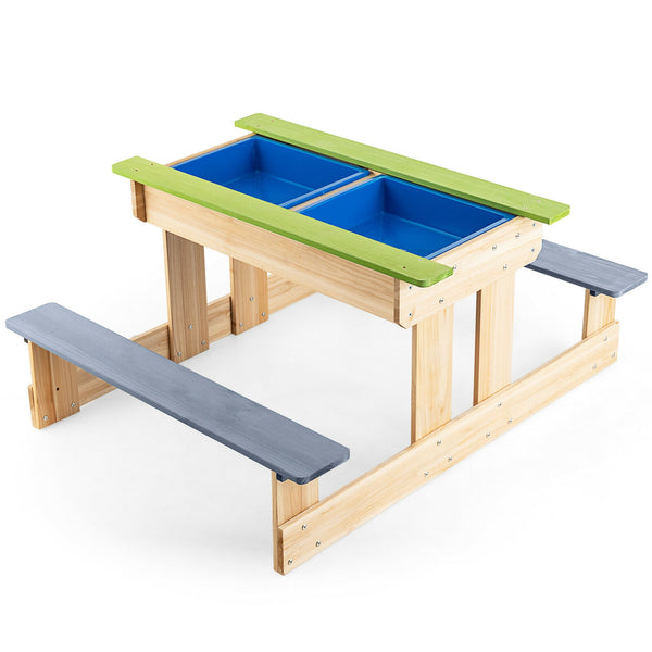 3-in-1 Outdoor Wooden Kids Sand and Water Activity Table with Benches and Storage Boxes
