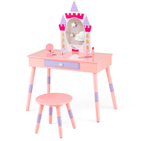 Kids Princess Vanity Table and Stool Set with Drawer and Mirror