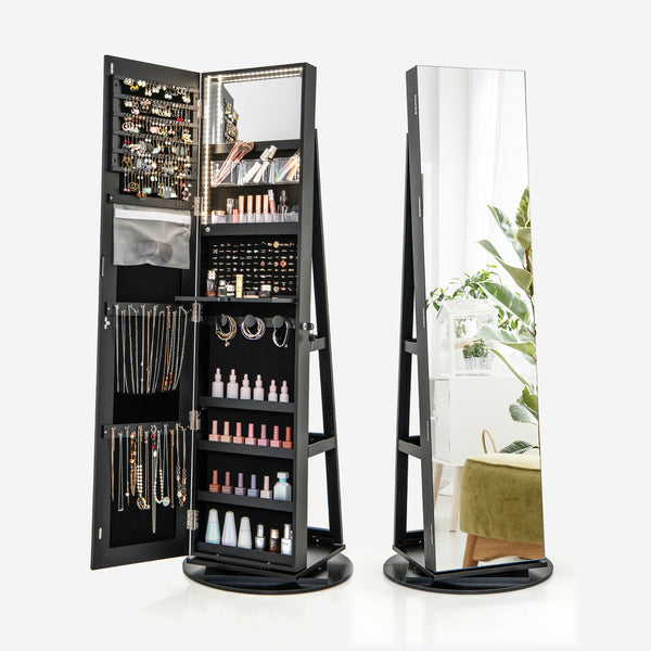Rotating Mirrored Jewelry Cabinet Armoire 3 Color LED Modes Lockable