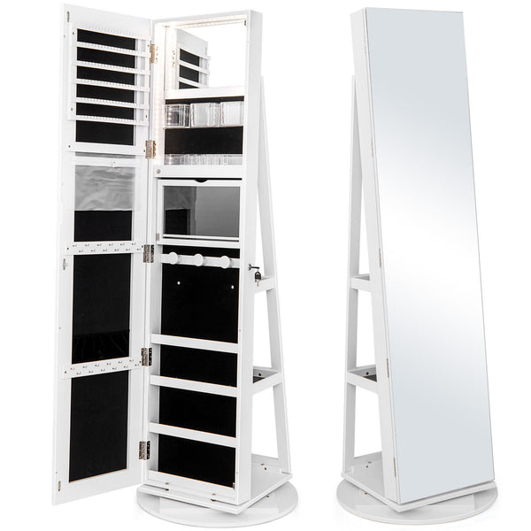 Rotating Mirrored Jewelry Cabinet Armoire 3 Color LED Modes Lockable