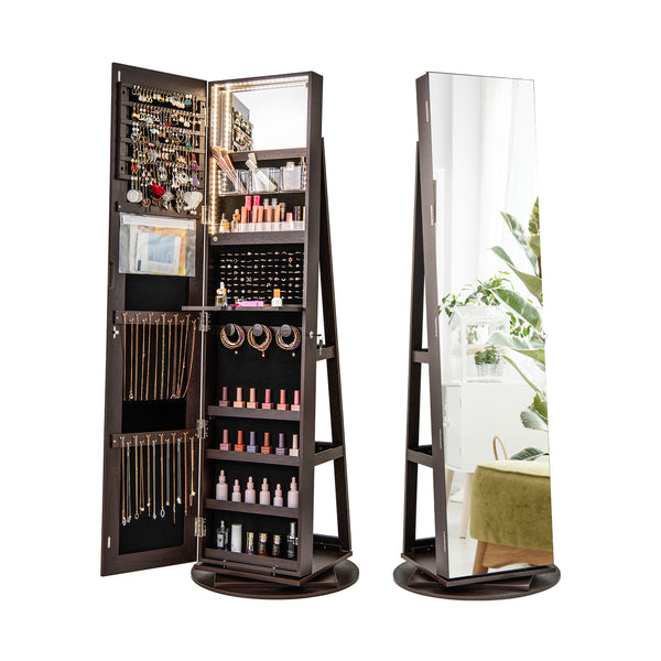 Rotating Mirrored Jewelry Cabinet Armoire 3 Color LED Modes Lockable