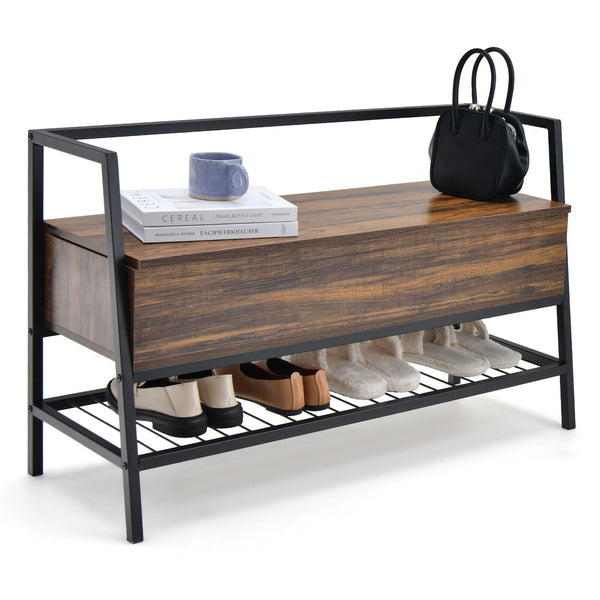 Industrial Shoe Storage Bench with Metal Handrail, Storage Box, and Shoe Rack