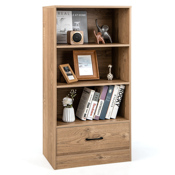 4-Tier Storage Bookcase with Open Shelves Drawer and Anti-toppling Device