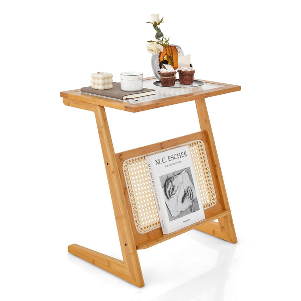 Z-shaped End Table with Magazine Rack and Rattan Shelf