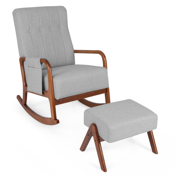 Rocking Chair with Ottoman, Solid Wood Frame and Padded Cushion