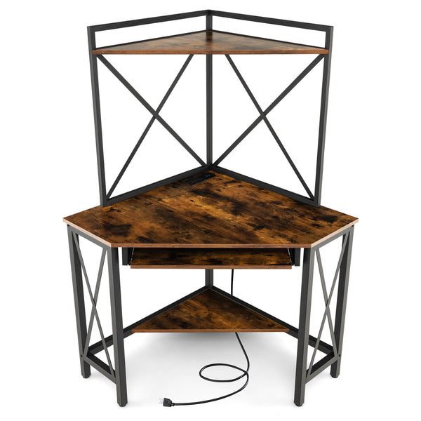 Space-Saving Corner Computer Desk with with Hutch and Keyboard Tray-Rust