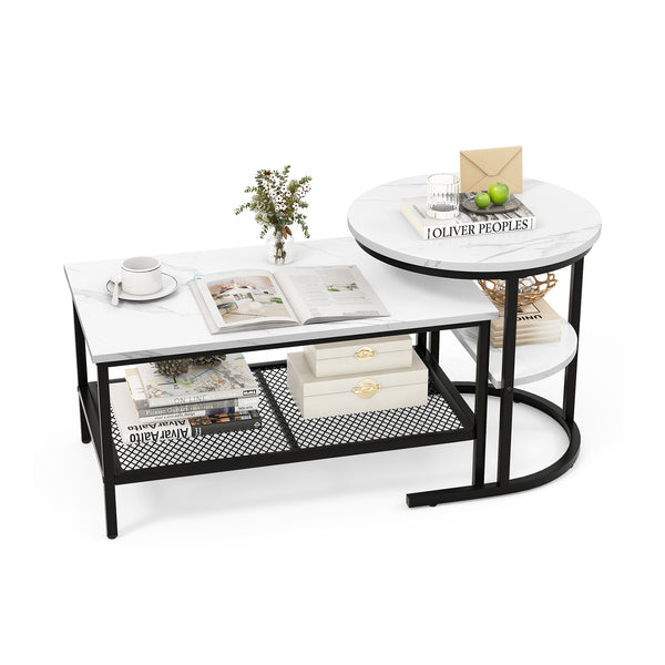Set of 2 Nesting Table with Extra Storage Shelf for Living Room