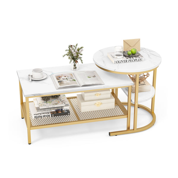 Set of 2 Nesting Table with Extra Storage Shelf for Living Room