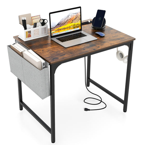32 Inch Home Office Desk with Charging Station Storage Bag and Headphone Hook