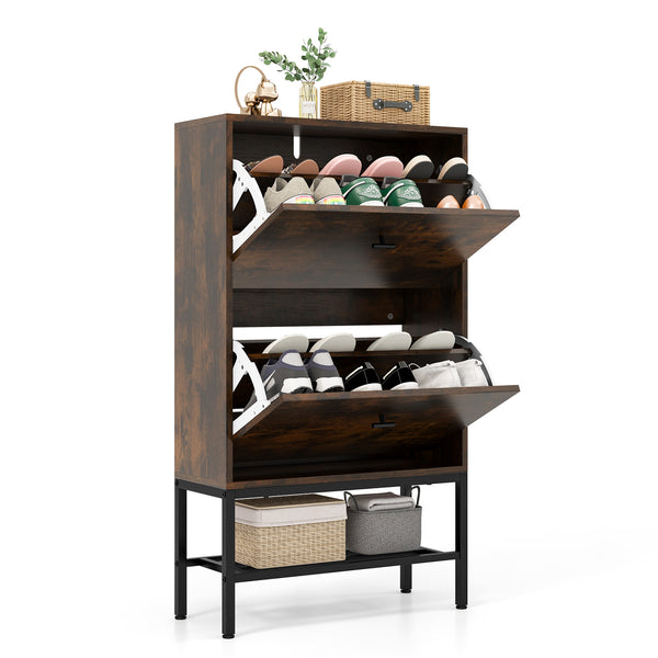 Industrial Shoe Storage Cabinet with 2 Flip Drawers and 1 Bottom Metal Shelf