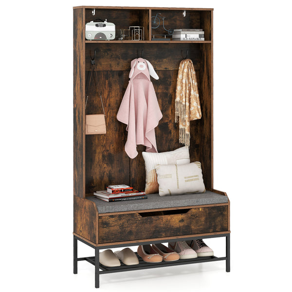 69-Inch 4-in-1 Hall Tree with Coat Rack, Seat Cushion, Shoe Storage, and Shelf