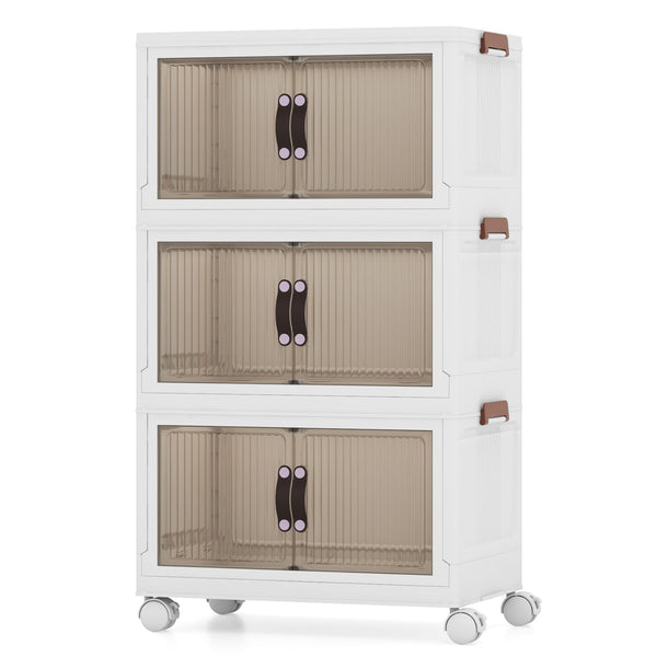 3-Tier Stackable Storage Boxes Bins with Magnetic Doors and Lockable Casters-S