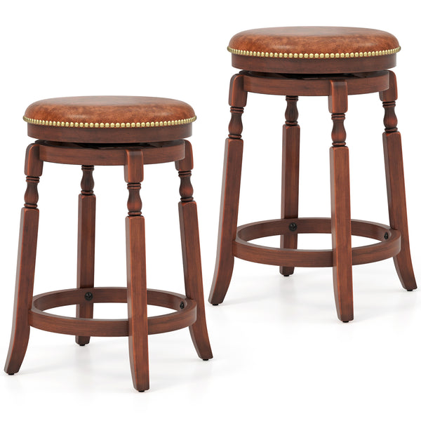 Set of 2 24-Inch Swivel Bar Stools with Upholstered Seats and Rubber Wood Frames