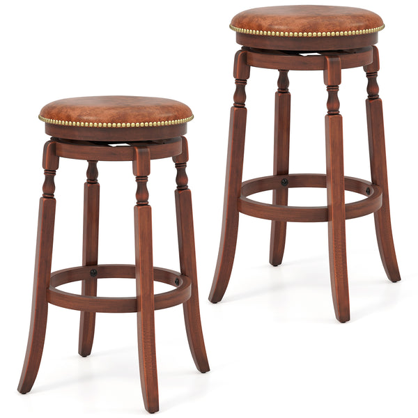 Set of 2 29-Inch Swivel Bar Stools with Upholstered Seats and Rubber Wood Frames