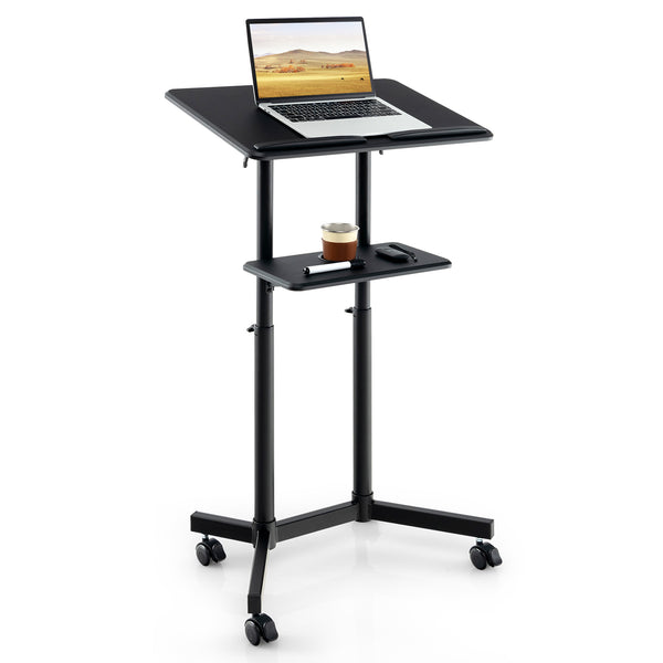 Mobile Lectern Podium Height-adjustable Rolling Laptop Cart with Tilting Top Storage Tray