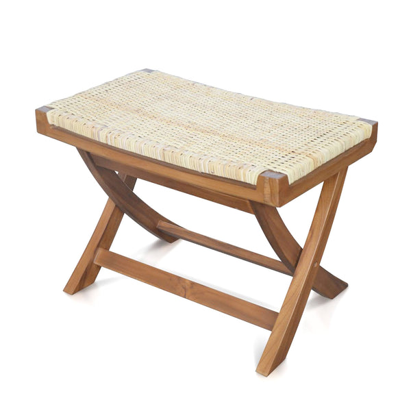 Folding Rattan Ottoman with Handwoven Seat and Teak Wood Frame