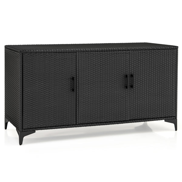84 Gallon Patio Wicker Deck Box 3-Door PE Rattan Storage Container with Removable Shelves