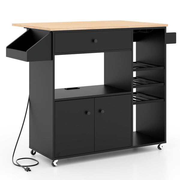 Drop Leaf Mobile Kitchen Island Cart with Power Outlet and Adjustable Shelf