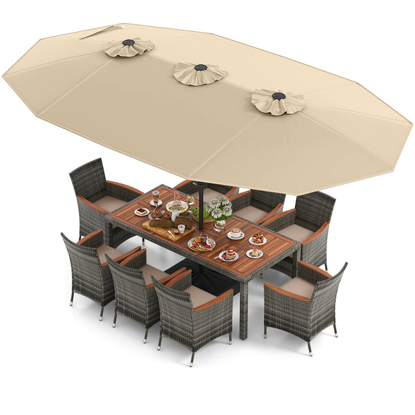 10 Pieces Patio Wicker Dining Set with 15 Feet Double-Sided Patio Umbrella