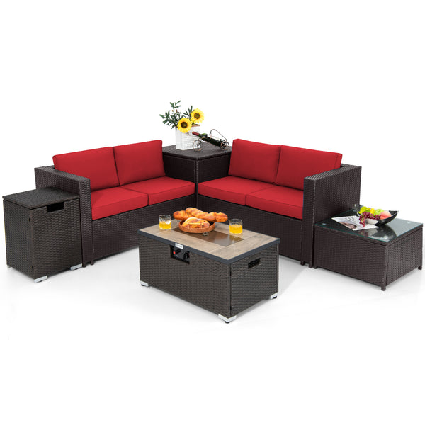6 Pieces Outdoor Wicker Furniture Set with 32 Inch Propane Fire Pit Table