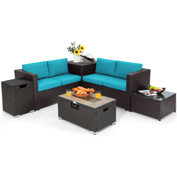 6 Pieces Outdoor Wicker Furniture Set with 32 Inch Propane Fire Pit Table