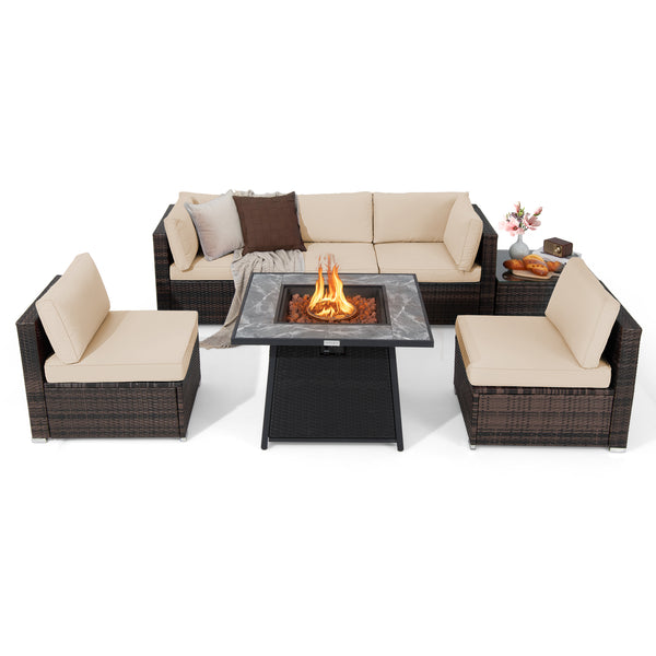 7 Pieces Patio Furniture Set with 35 Inches 50000 BTU Propane Gas Fire Pit Table and Waterproof Cover for Firpit