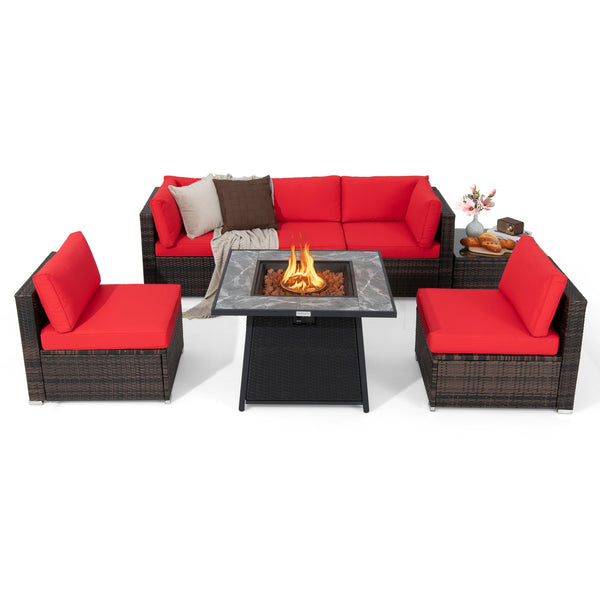 7 Pieces Patio Furniture Set with 35 Inches 50000 BTU Propane Gas Fire Pit Table and Waterproof Cover for Firpit