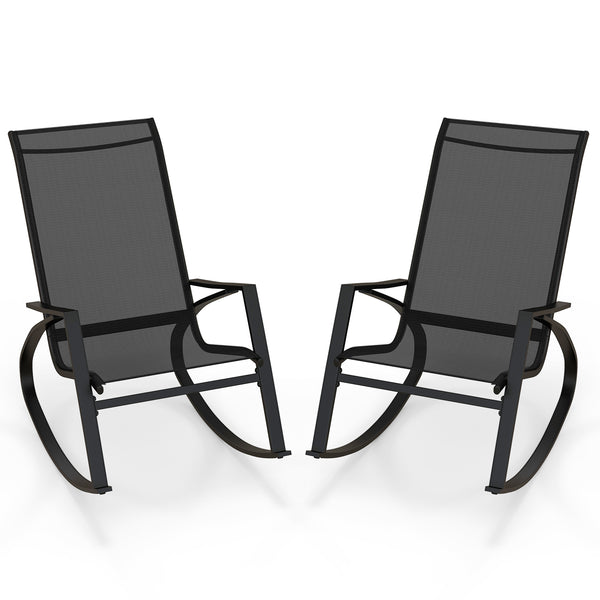 2 Pieces Patio Rocking Chairs Outdoor Sling Fabric Rockers with Ergonomic Backrest and Seat
