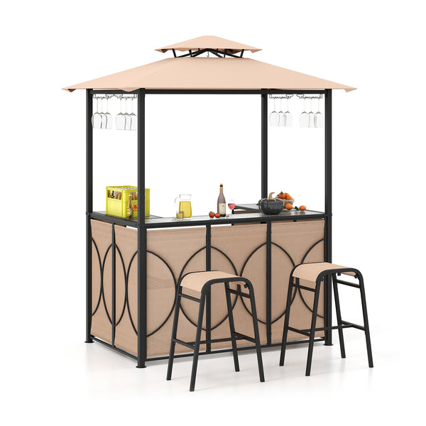 3-Piece Patio Bar Set Grill Gazebo and 2 Bar Stools with Tempered Glass Bar Table