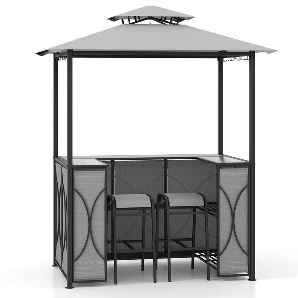 3-Piece Patio Bar Set Grill Gazebo and 2 Bar Stools with Tempered Glass Bar Table