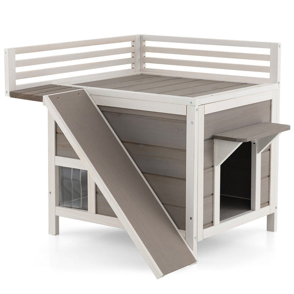 Outdoor Wooden Feral Cat House with Balcony and Slide