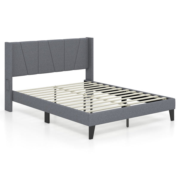Queen Size Bed Frame with Wingback Headboard and Wood Slat Support-Queen Size