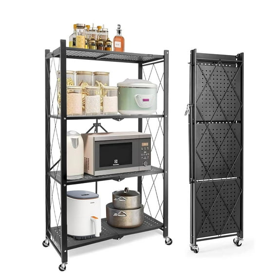 Vebreda 4-Tier Heavy Duty Foldable Metal Storage Shelf with 3 Hooks, Kitchen Organizer Rack, Blacklack