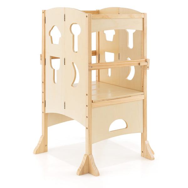 Folding Wooden Step Stool with Lockable Safety Rail for Toddler 3+