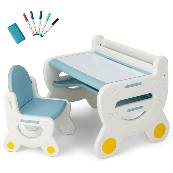 Kids Drawing Table and Chair Set with Watercolor Pens and Blackboard Eraser